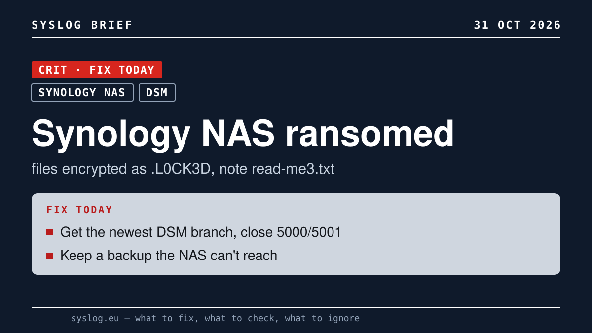 Syslog card, level CRIT (fix today): Synology NAS ransomed, files encrypted as .L0CK3D, note read-me3.txt. Affected: Synology NAS, DSM. To do: Get the newest DSM branch, close 5000/5001; Keep a backup the NAS can't reach.