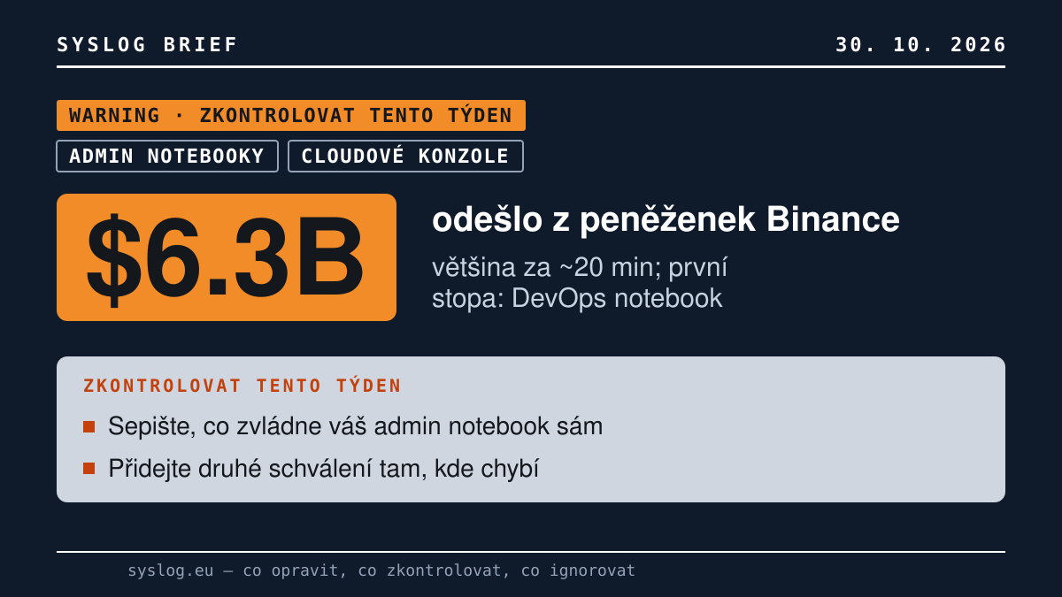 Karta Syslog, úroveň WARNING (zkontrolovat tento týden): $6.3B odešlo z peněženek Binance, většina za ~20 min; první stopa: DevOps notebook. Týká se: Admin notebooky, Cloudové konzole. Co udělat: Sepište, co zvládne váš admin notebook sám; Přidejte druhé schválení tam, kde chybí.